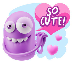  3d Rendering. Emoji in love with hearts shapes saying So Cute w