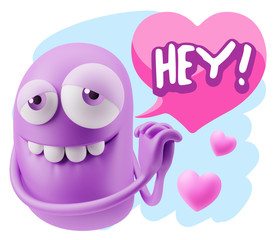  3d Rendering. Emoji in love with hearts shapes saying Hey with