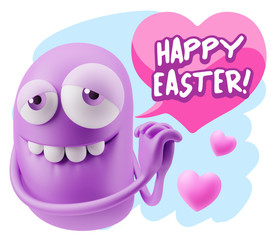  3d Rendering. Emoji in love with hearts shapes saying Happy Eas