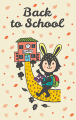 Obraz na płótnie Canvas Back to school hand drawn doodle card with Bunny student