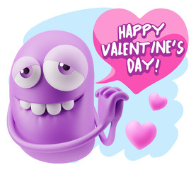  3d Rendering. Emoji in love with hearts shapes saying Happy Val