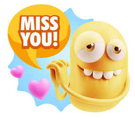  3d Rendering. Emoji in love with hearts shapes saying Miss You