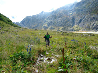 Fototapeta premium A man walking on meadow near a Glacier lake alpine mountains Switzerland, Unterstock, Urbachtal