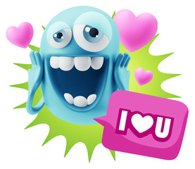 3d Rendering. Love Emoticon Face with hands on cheeks saying I L