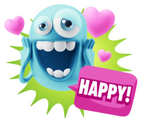 3d Rendering. Love Emoticon Face with hands on cheeks saying Hap