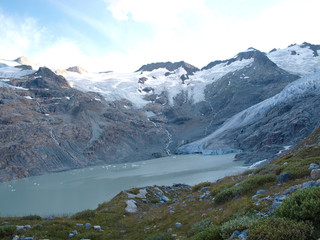 Alpine mountains glacier lake on the top of the mountain in Switzerland
