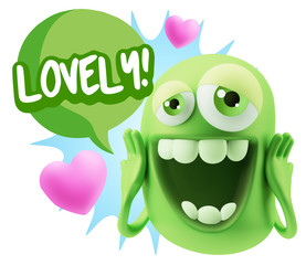 3d Rendering. Love Emoticon Face with hands on cheeks saying Lov