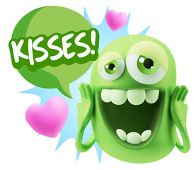 3d Rendering. Love Emoticon Face with hands on cheeks saying Kis