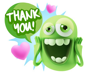 3d Rendering. Love Emoticon Face with hands on cheeks saying Tha