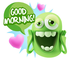 3d Rendering. Love Emoticon Face with hands on cheeks saying Goo