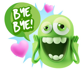 3d Rendering. Love Emoticon Face with hands on cheeks saying Bye