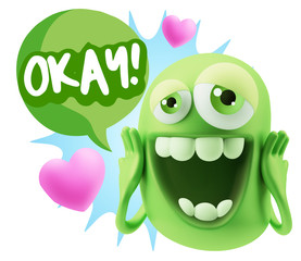 3d Rendering. Love Emoticon Face with hands on cheeks saying Oka