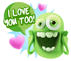 3d Rendering. Love Emoticon Face with hands on cheeks saying I L