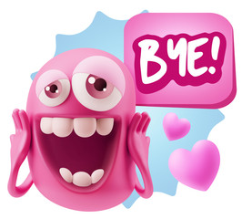 3d Rendering. Love Emoticon Face with hands on cheeks saying Bye