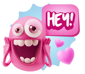 3d Rendering. Love Emoticon Face with hands on cheeks saying Hey