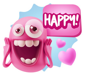 3d Rendering. Love Emoticon Face with hands on cheeks saying Hap