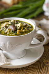 Soup with mushrooms paste offal carrots and herbs  