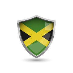 Fototapeta premium National flag of Jamaica. Flag on the metal shield with glare.