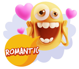 3d Rendering. Love Emoticon Face with hands on cheeks saying Rom