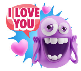 3d Rendering. Love Emoticon Face with hands on cheeks saying I L