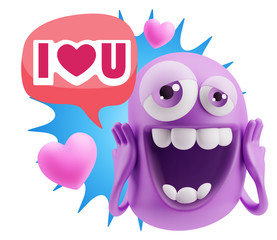 3d Rendering. Love Emoticon Face with hands on cheeks saying I L