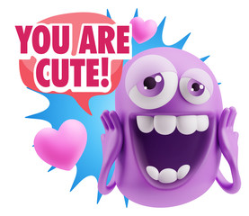 3d Rendering. Love Emoticon Face with hands on cheeks saying You