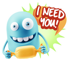 3d Rendering. Candy Gift Emoticon Face saying I Need You with Co