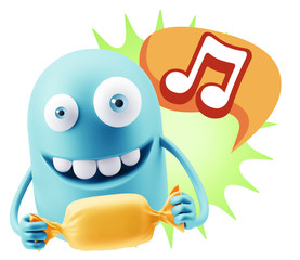 3d Rendering. Candy Gift Emoticon Face saying Music Symbol with
