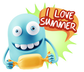 3d Rendering. Candy Gift Emoticon Face saying I Love Summer with
