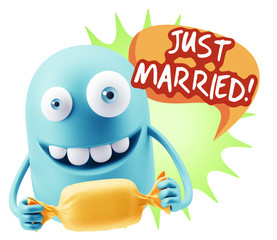 3d Rendering. Candy Gift Emoticon Face saying Just Married with