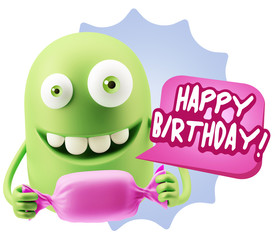 3d Rendering. Candy Gift Emoticon Face saying Happy Birthday wit
