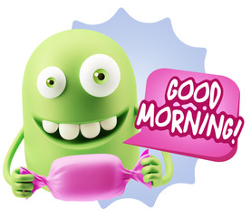 3d Rendering. Candy Gift Emoticon Face saying Good Morning with
