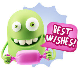 3d Rendering. Candy Gift Emoticon Face saying Best Wishes with C