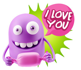 3d Rendering. Candy Gift Emoticon Face saying I Love You with Co