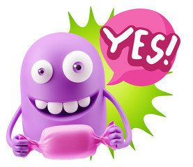 3d Rendering. Candy Gift Emoticon Face saying Yes with Colorful