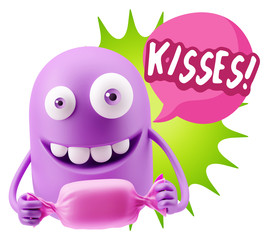 3d Rendering. Candy Gift Emoticon Face saying Kisses with Colorf