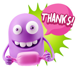3d Rendering. Candy Gift Emoticon Face saying Thanks with Colorf