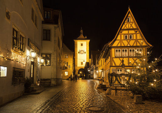 Street View of Rothenburg ob der Tauber on Christmas. It is well known medieval old town, a destination for tourists from around the world