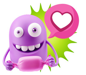3d Rendering. Candy Gift Emoticon Face saying Love with a Heart