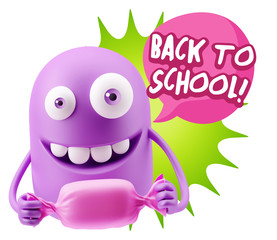 3d Rendering. Candy Gift Emoticon Face saying Back To School wit