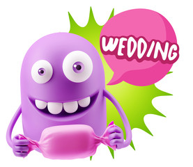 3d Rendering. Candy Gift Emoticon Face saying Wedding with Color