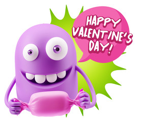 3d Rendering. Candy Gift Emoticon Face saying Happy Valentine's