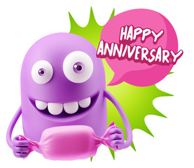 3d Rendering. Candy Gift Emoticon Face saying Happy Anniversary