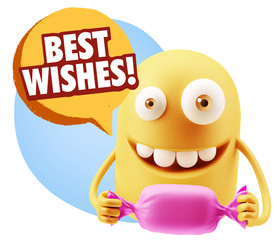 3d Rendering. Candy Gift Emoticon Face saying Best Wishes with C