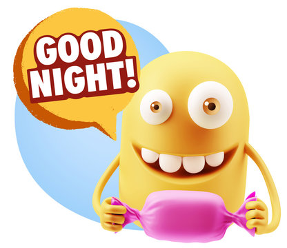 3d Rendering. Candy Gift Emoticon Face saying Good Night with Co