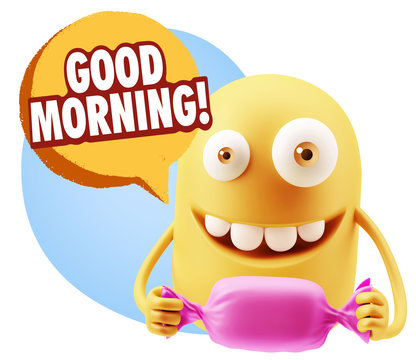 3d Rendering. Candy Gift Emoticon Face saying Good Morning with