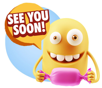 3d Rendering. Candy Gift Emoticon Face saying See You Soon with
