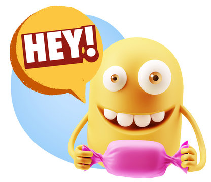 3d Rendering. Candy Gift Emoticon Face saying Hey with Colorful