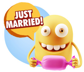 3d Rendering. Candy Gift Emoticon Face saying Just Married with