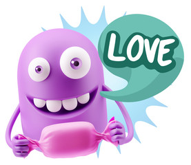 3d Rendering. Candy Gift Emoticon Face saying Love with Colorful